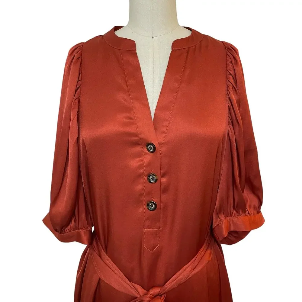 Ann Taylor Puff Sleeve Tie Waist Shirtdress In Bronze Red V-Neck Size Small - Picture 6 of 14